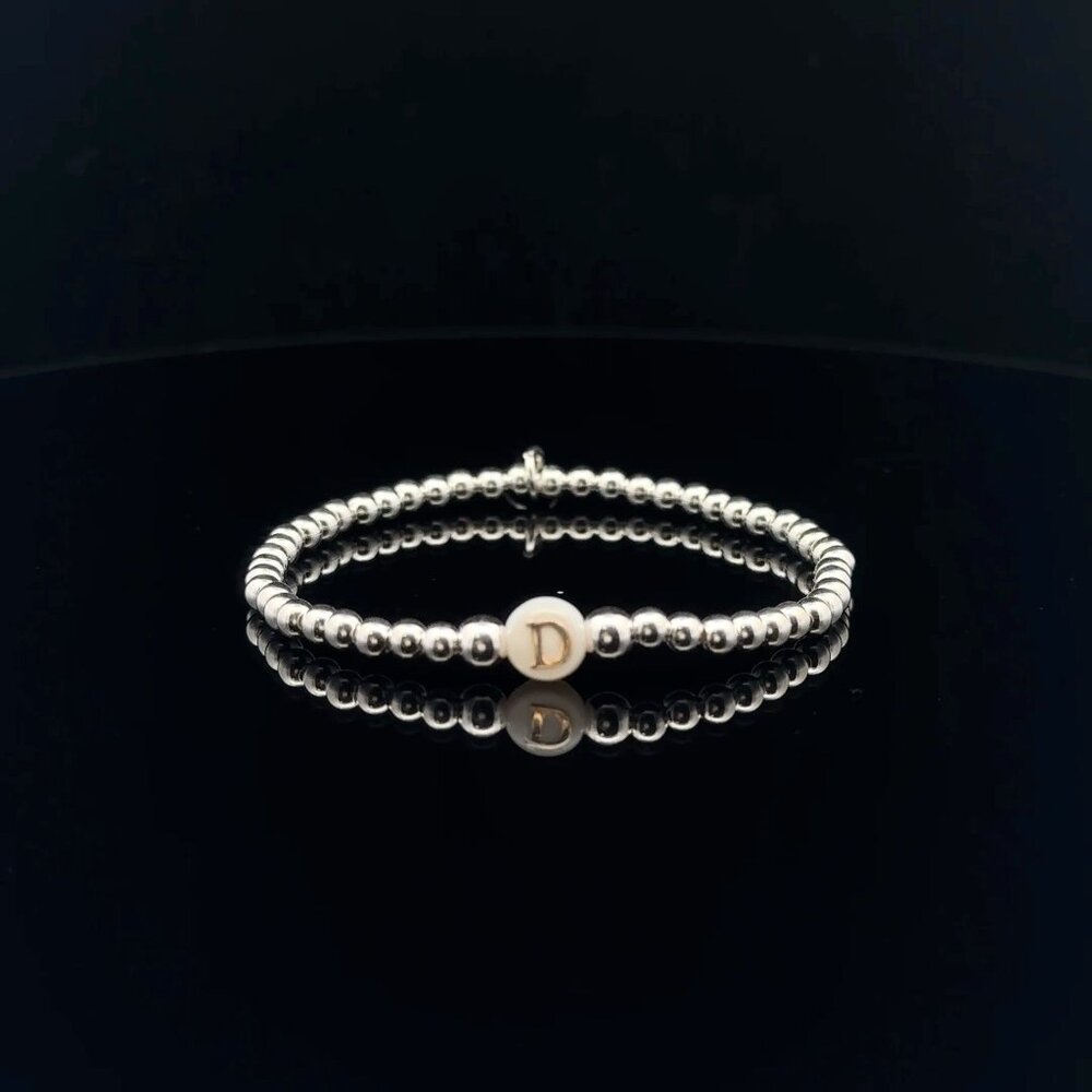 925 Sterling Silver Beaded Stretch Stacking Bracelet MOP Letter Initial D